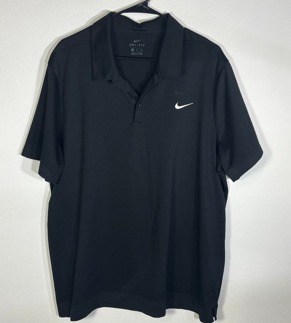 Nike Dri-FIT Mens XXL Black Golf Polo Shirt White Swoosh Performance Athletic